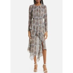 NEW! Veronica Beard Sazan Paisley Floral Long Sleeve Handkerchief Hem Midi Dress